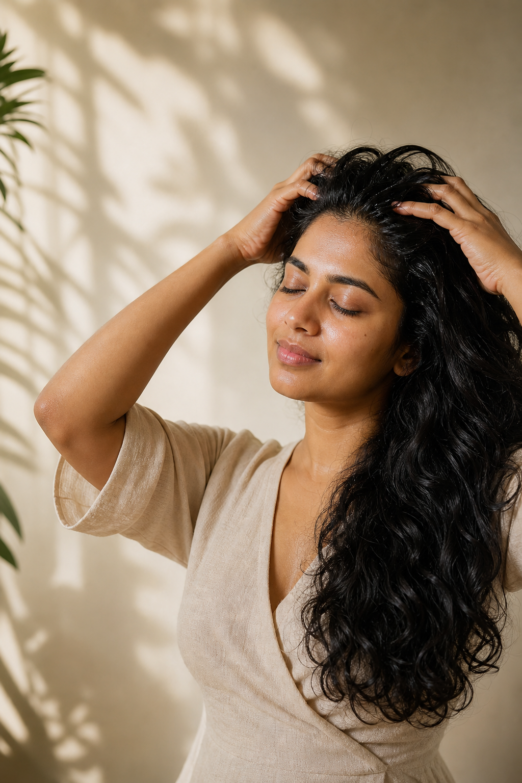 Woman enjoying a calming scalp-care ritual